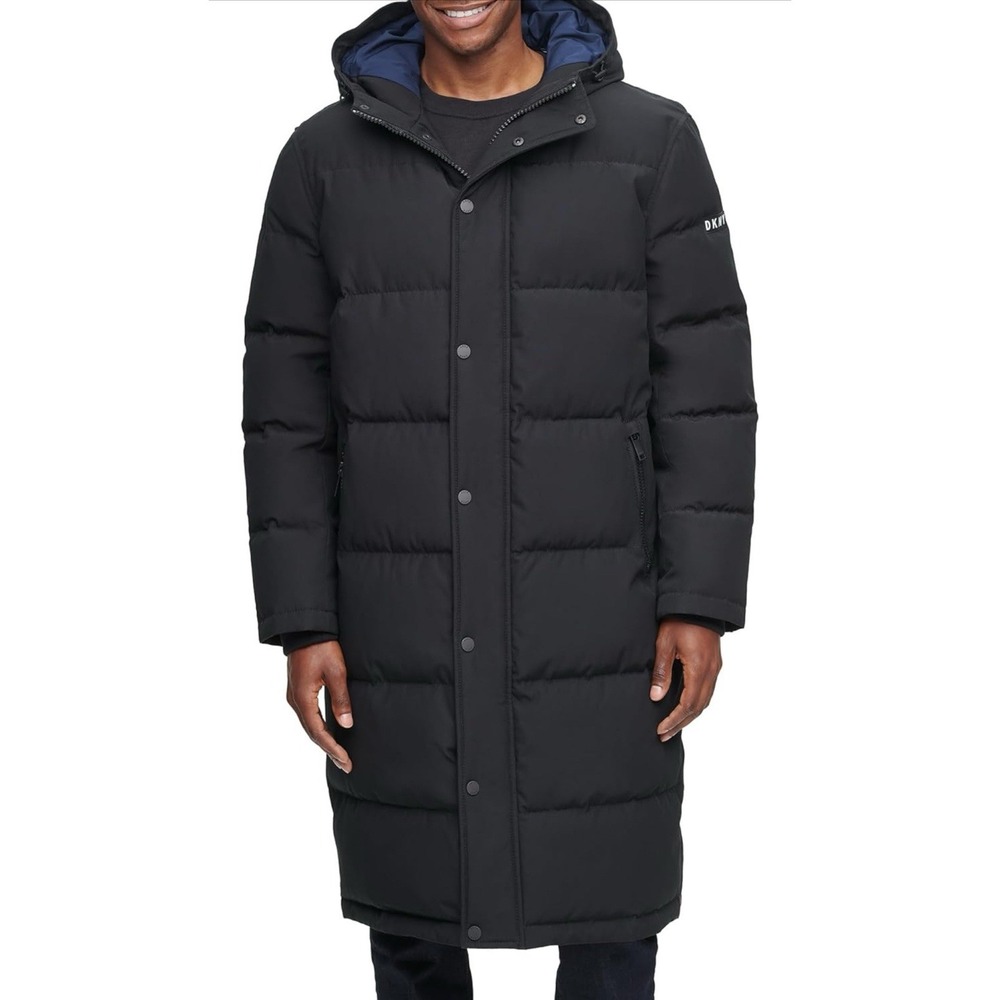 DKNY Mens Long Puffer Coat 3XL Black Hooded Winter Parka Quilted Jacket Full Zip